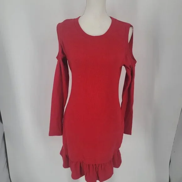AVEC LES FILLES Women's Red Cold Shoulder Ruffled Ribbed Dress Medium NWT - Picture 2 of 9
